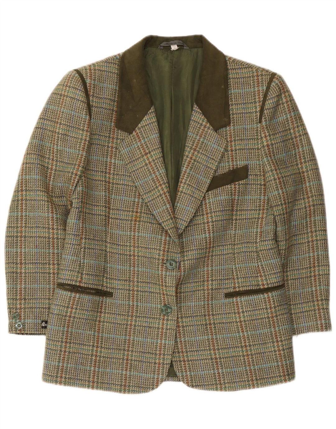 vintage Femme 2 Bouton Blazer Veste IT 46 Grande Laine Pied-de-Poule Vert