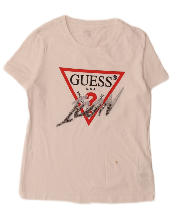 Guess T-shirt graphique coupe slim pour femme UK 6 XS en coton blanc