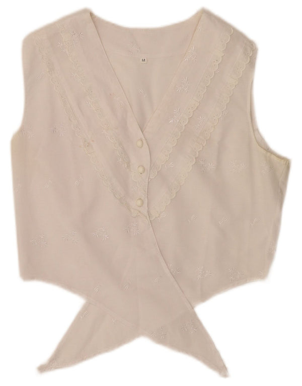 vintage Womens Crop Front Tie Shirt Blouse UK 12 Moyen Blanc Floral