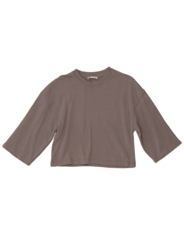 Zara Womens Crop 1/2 Sleeve T-Shirt Top UK 10 Petit Gris Coton