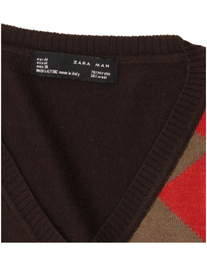 Zara Pull col V pour homme Marron moyen Argyle/Diamant