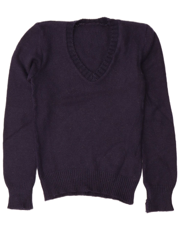 VINTAGE Pull col V femme UK 10 Petit Bleu Marine