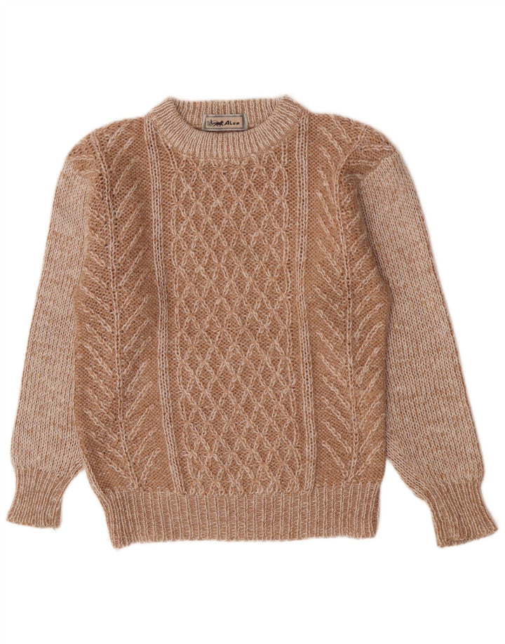 vintage Mens Regular Fit Crew Neck Jumper Pull Moyen Brun Géométrique