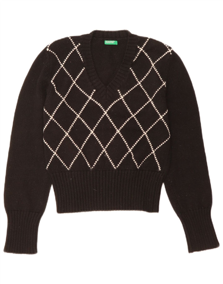 Benetton Pull col V pour femme UK 42 Medium Noir Argyle/Diamant