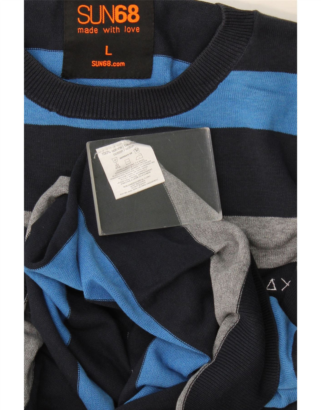 Sun68 Pull col rond pour homme en coton à rayures bleues