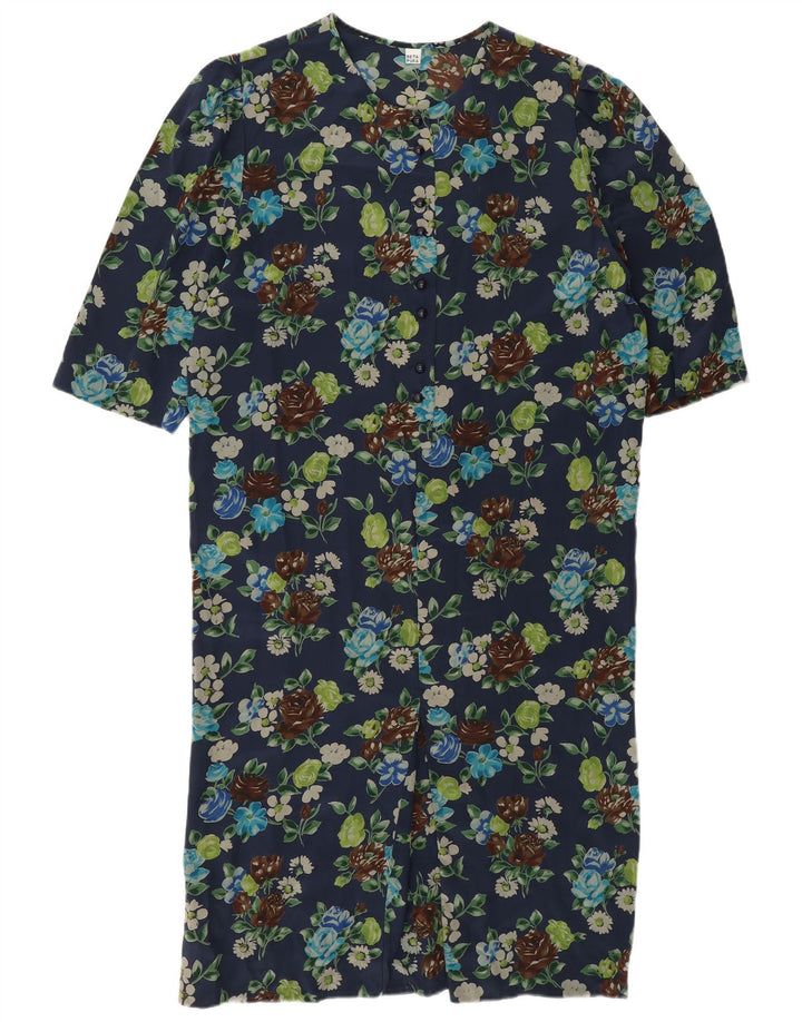 vintage Femme Shift Robe UK 12 Moyen Marine Bleu Floral Soie