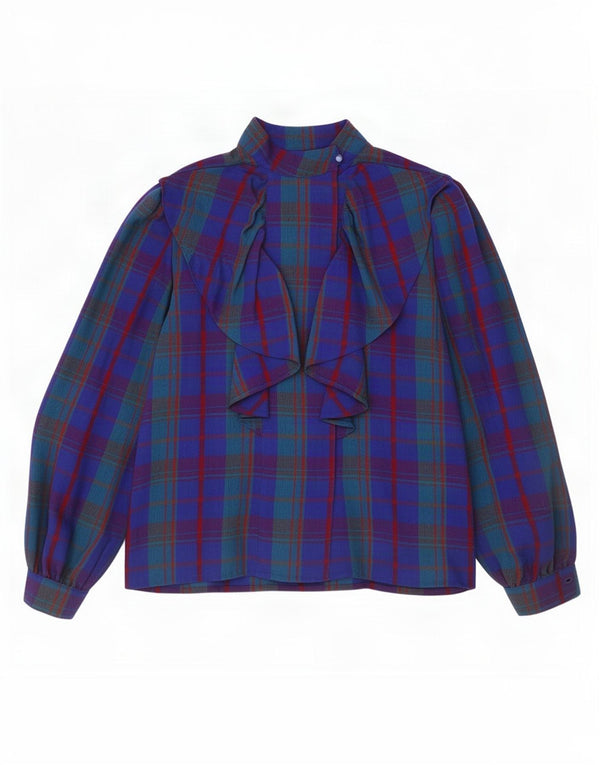 Vintage Womens Ruffle Front Long Sleeve Blouse Top UK 12 Medium Blue Plaid
