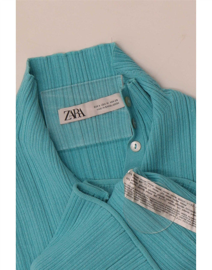 Zara Débardeur court à col boutonné pour femme UK 12 Bleu moyen Viscose