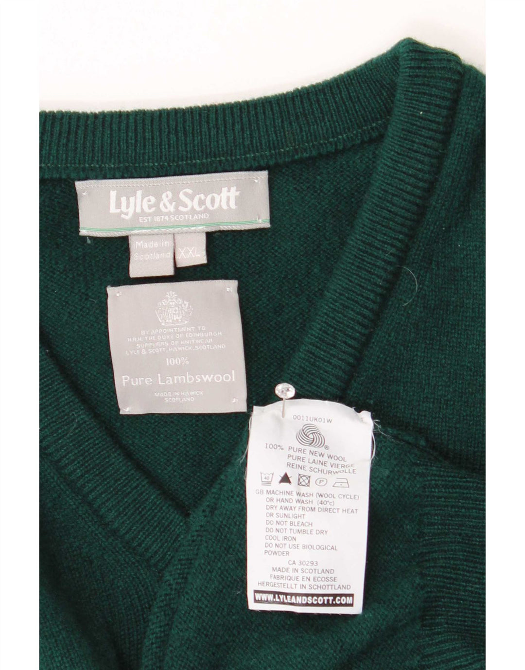 Lyle & Scott Pull col V pour homme en laine verte 2XL