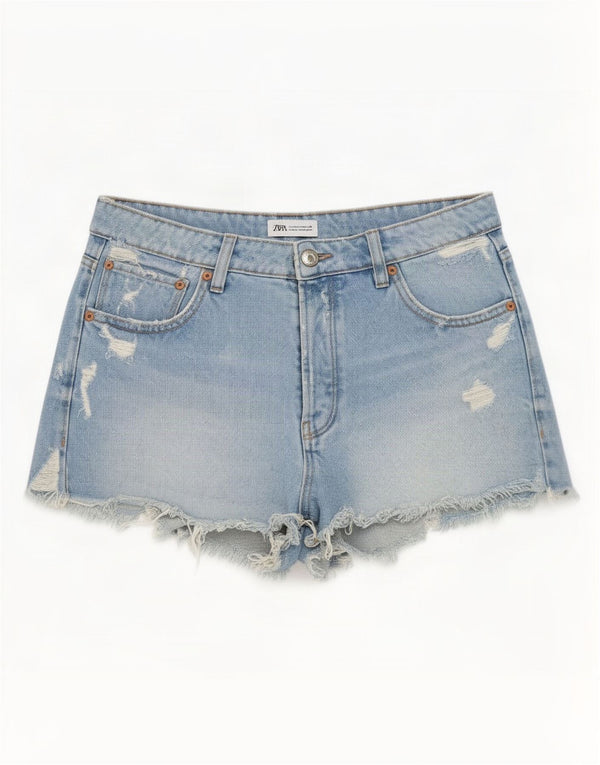 Zara Short en jean vieilli pour femme EU 40 Medium W30 Bleu Coton