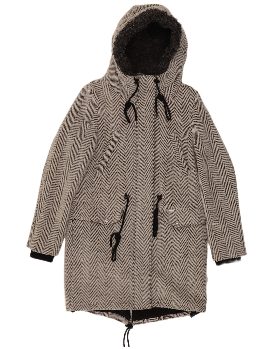 KHUJO Veste Parka à Capuche pour Femme UK 44 Grand Gris à Chevrons Polyester