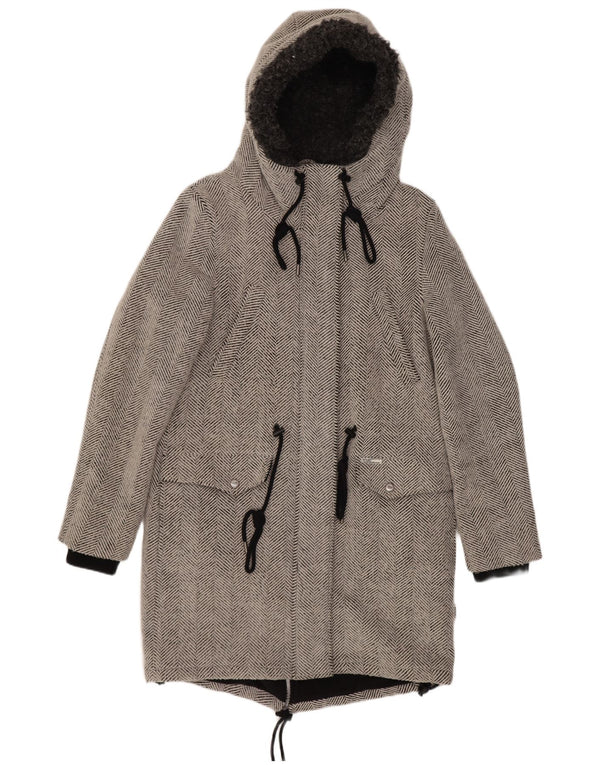 KHUJO Veste Parka à Capuche pour Femme UK 44 Grand Gris à Chevrons Polyester