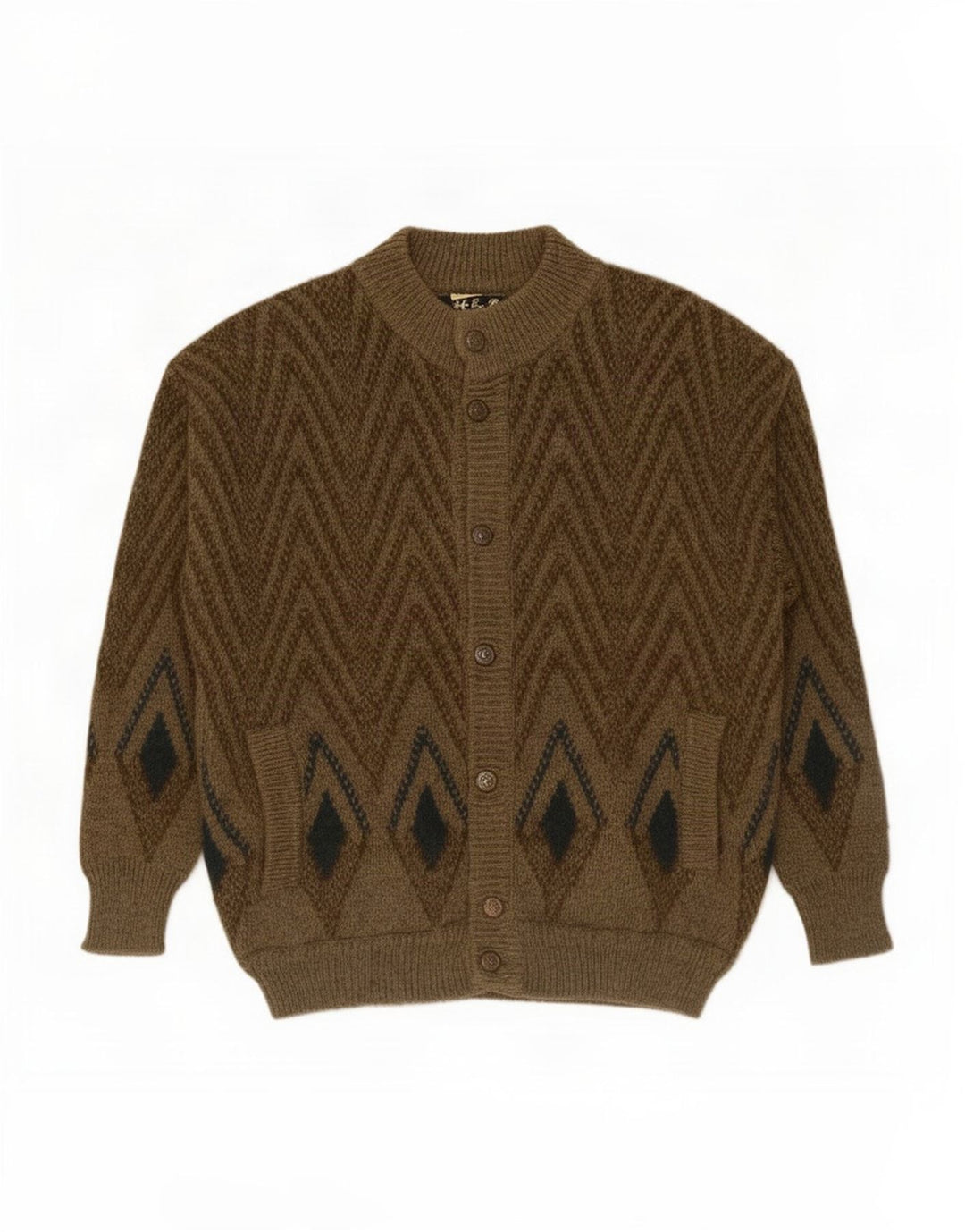 vintage Mens Cardigan Pull Moyen Kaki Laine Géométrique