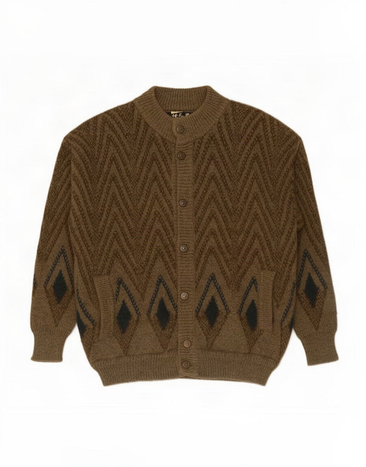 vintage Mens Cardigan Pull Moyen Kaki Laine Géométrique