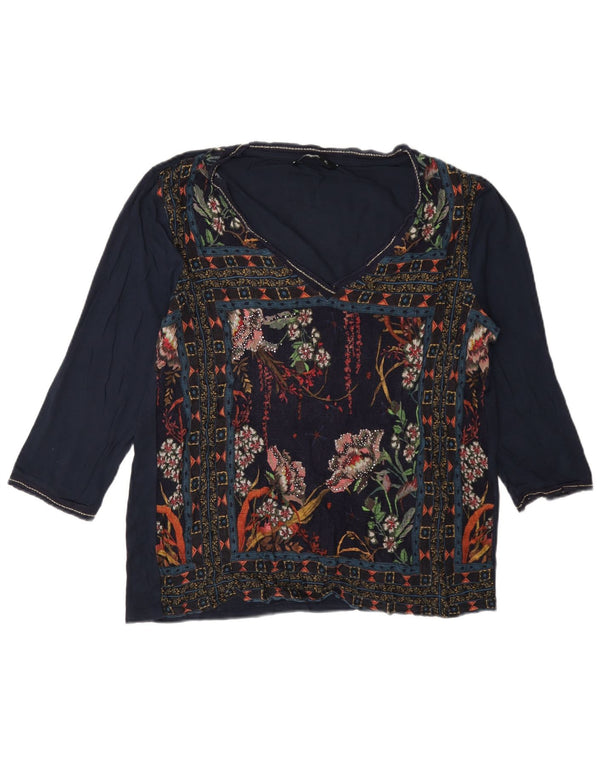 Desigual Haut Graphique Femme Manches 3/4 UK 18 XL Bleu Marine Floral