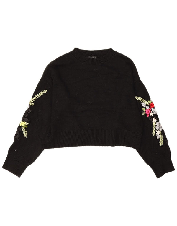 Topshop Pull court à col bateau pour femme UK 10 Petit motif floral noir