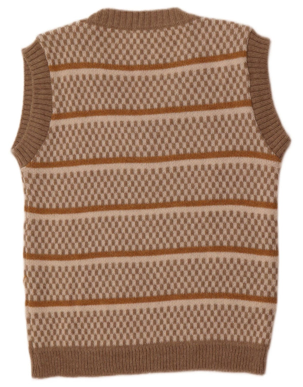 vintage Womens Vest Tank Top UK 14 Grand Acrylique Rayé Beige