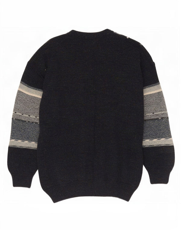 vintage Mens Crew Neck Jumper Pull Moyen Bleu Marine Colorblock Acrylique