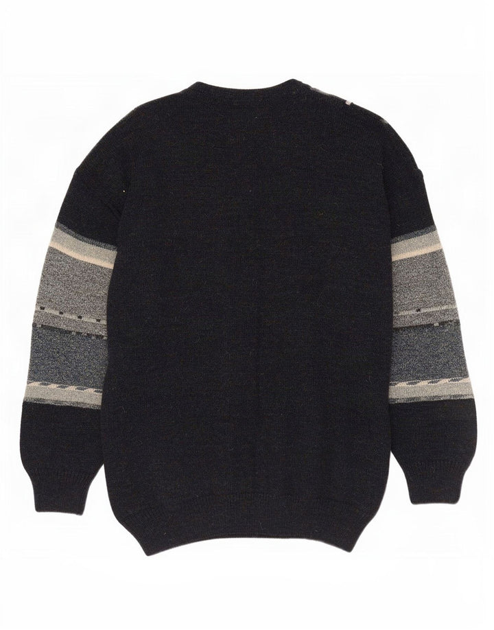 vintage Mens Crew Neck Jumper Pull Moyen Bleu Marine Colorblock Acrylique