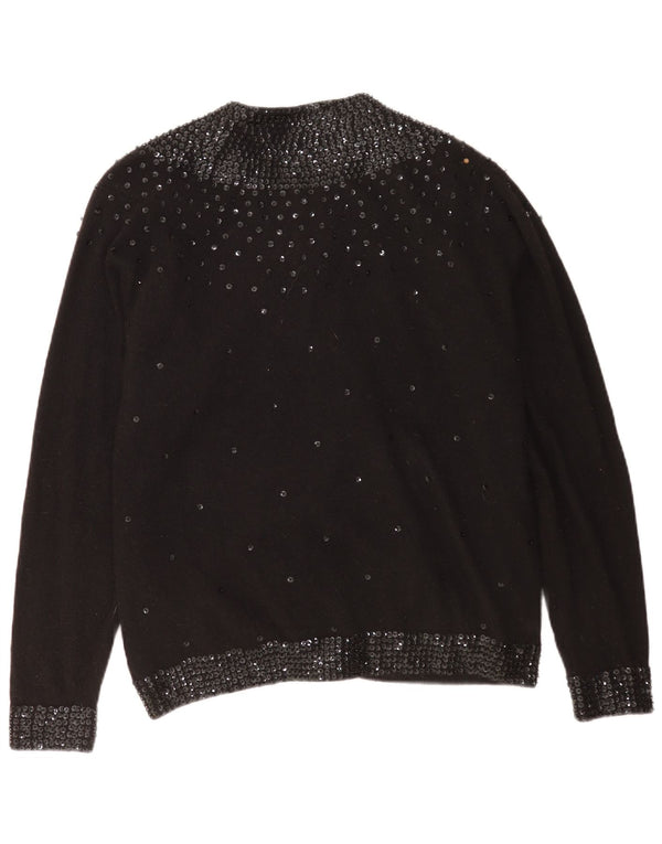 vintage Femme Cardigan Pull EU 48 2XL Noir Spotted Lambswool