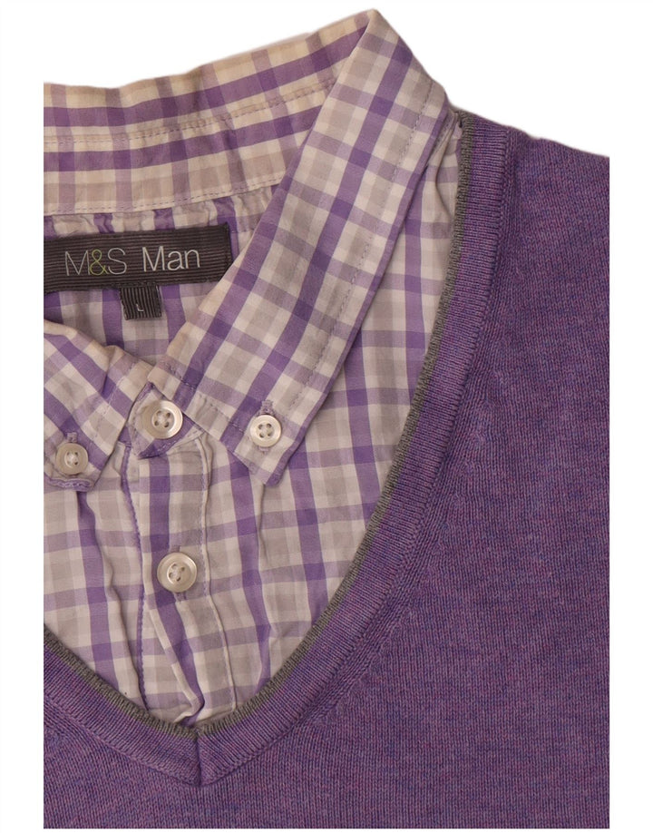 Marks & Spencer Pull col V pour homme en coton violet Taille L