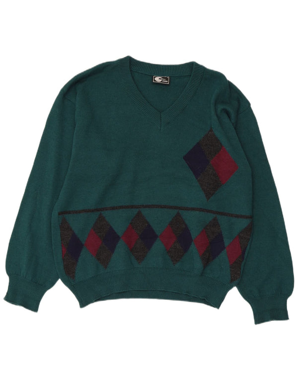 vintage Femme V-Col Jumper Pull IT 50 XL Vert Argyle/Diamond Wool