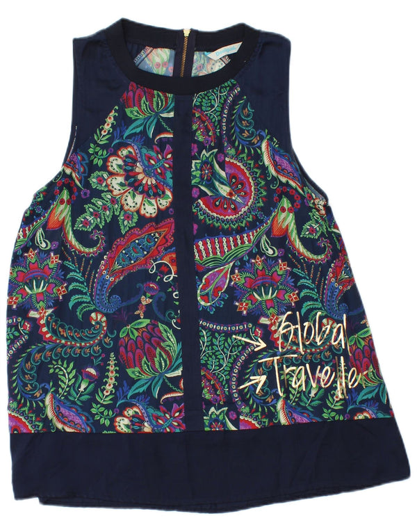 Desigual Chemisier graphique sans manches pour femme UK 10 Petit motif cachemire bleu marine