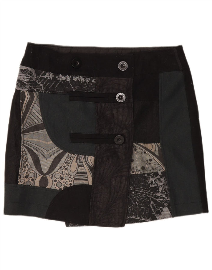 Desigual Femme Mini Jupe Portefeuille EU 44 XL W35 Noir Patchwork Laine