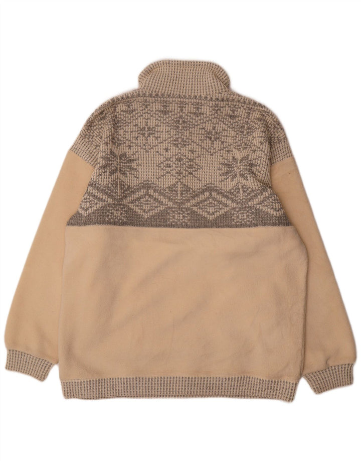 vintage Mens Zip Neck Fleece Jumper Grand Beige Fair Isle Polyester