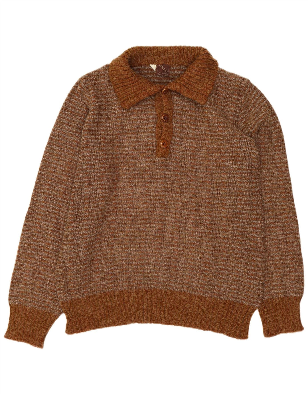 VINTAGE Pull col polo homme IT 50 Acrylique rayé marron moyen