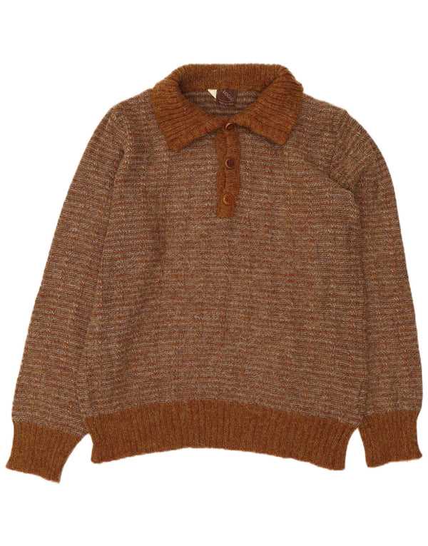VINTAGE Pull col polo homme IT 50 Acrylique rayé marron moyen