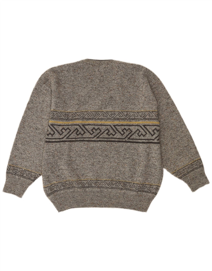 VINTAGE Homme Col V Pull Pull IT 52 Grande Laine Géométrique Grise