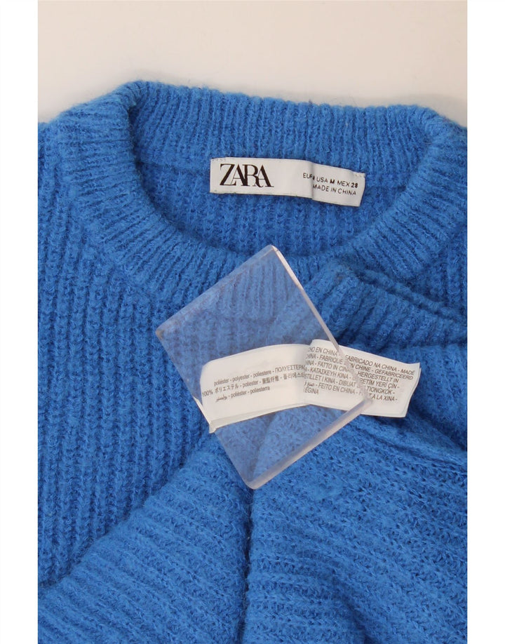 Zara Pull court à col rond pour femme UK 12 Bleu moyen Polyester