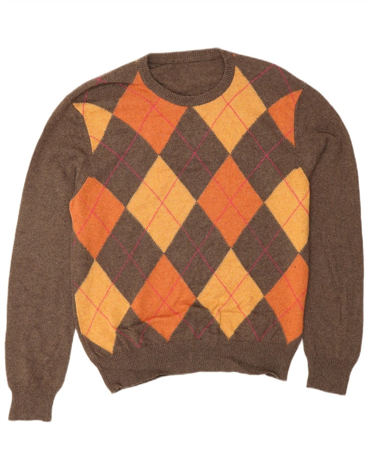 VINTAGE Pull ras du cou pour homme IT 48 Petit Marron Argyle/Diamant