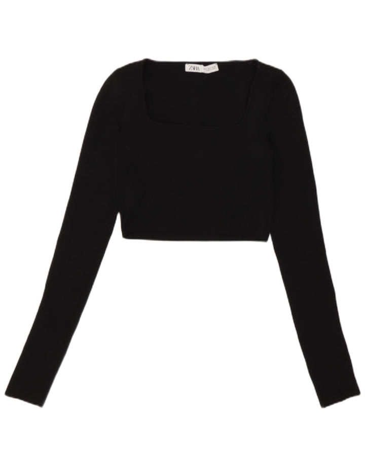 Zara Womens Crop Top Manches Longues UK 8 Petit Noir