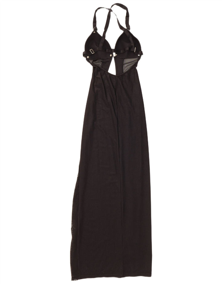 vintage Femme Halter Maxi Robe UK 12 Moyen Noir Polyamide