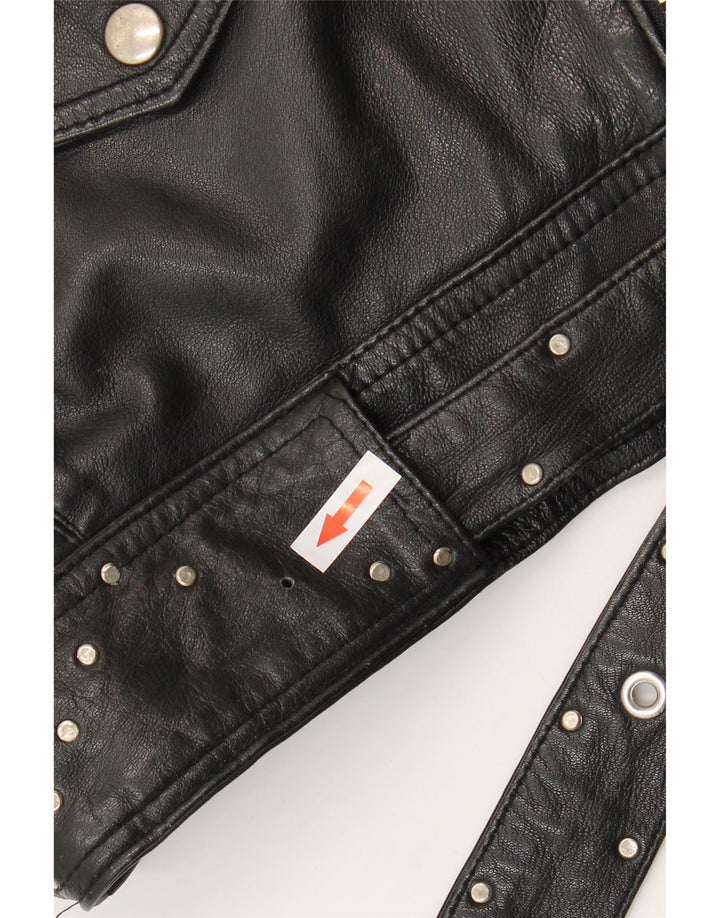 vintage Womens Crop Leather Biker Jacket UK 12 Cuir noir moyen