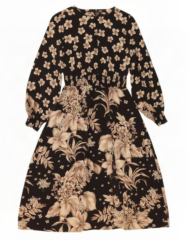 Zara Robe longue à manches longues pour femme UK 10 Petit polyester floral noir