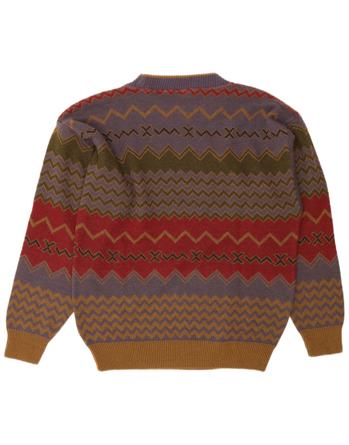 vintage Mens Crew Neck Jumper Pull Petit Chevron Multicolore Acrylique