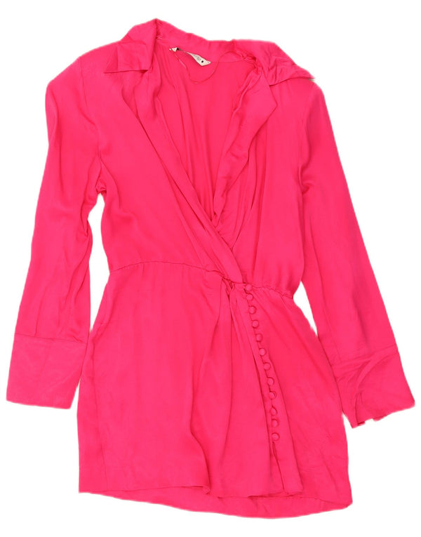 Zara Robe tunique portefeuille à manches longues pour femme UK 14 Large Viscose Rose