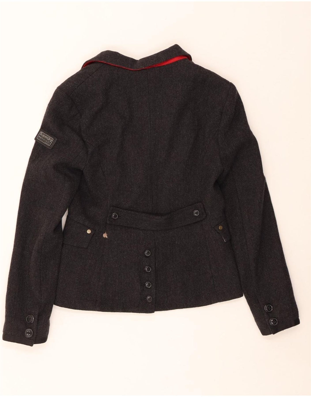 SUPERDRY Veste Blazer 2 Boutons Femme UK 12 Laine à Chevrons Gris Moyen