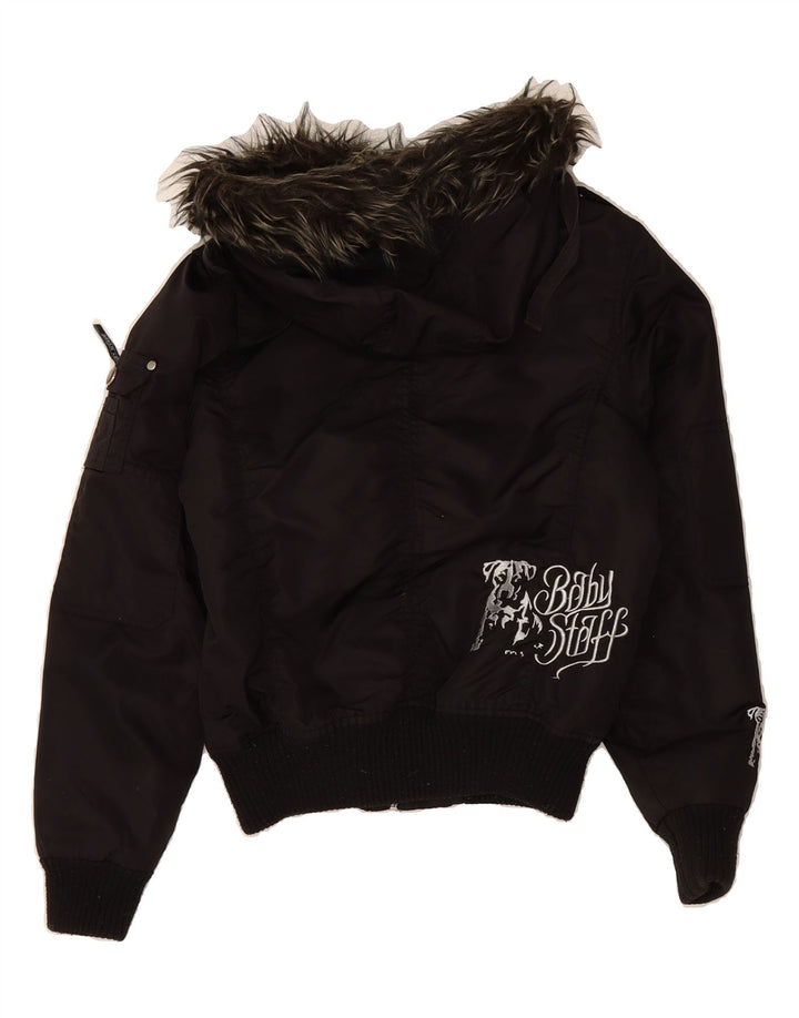 VINTAGE Veste bomber à capuche graphique femme UK 14 Nylon noir moyen