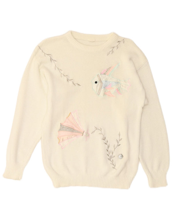 VINTAGE Pull ras du cou pour femme UK 14 Medium Off White