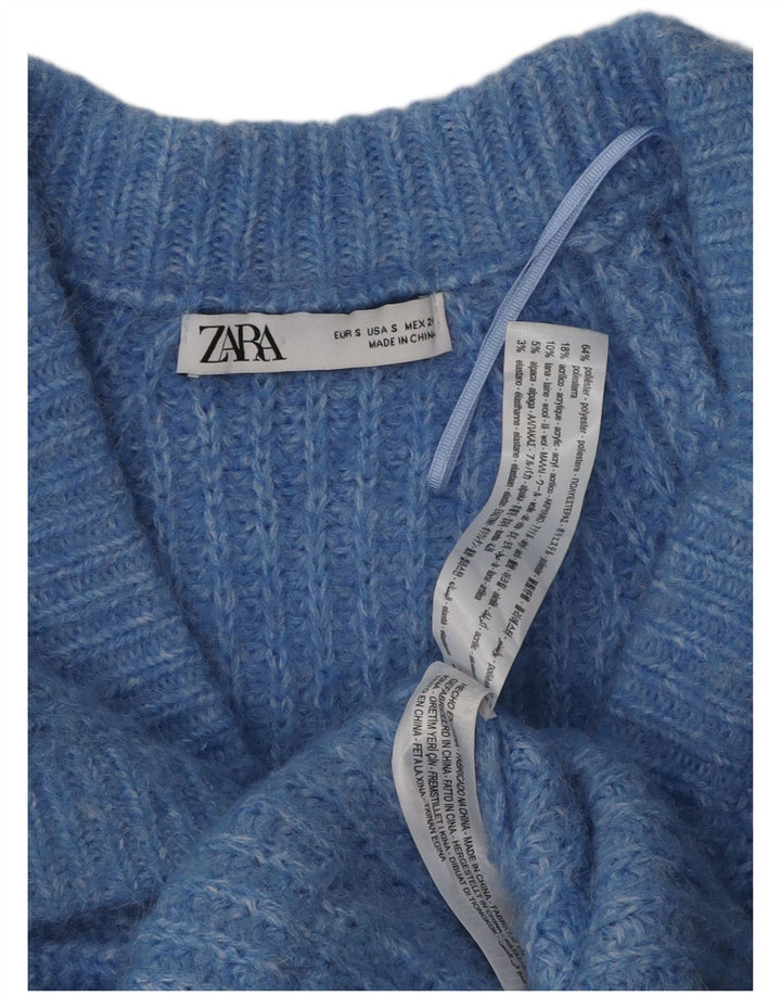 Zara Femme Cardigan Pull UK 10 Petit Bleu Moucheté Polyester