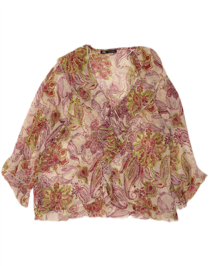 Zara Womens Ruffle Front Blouse Top UK 14 Grand Multicolore Floral