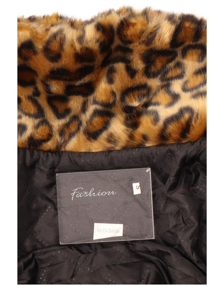 VINTAGE Femme Fausse Fourrure Veste UK 10 Petit Marron Animal Imprimé Polyester