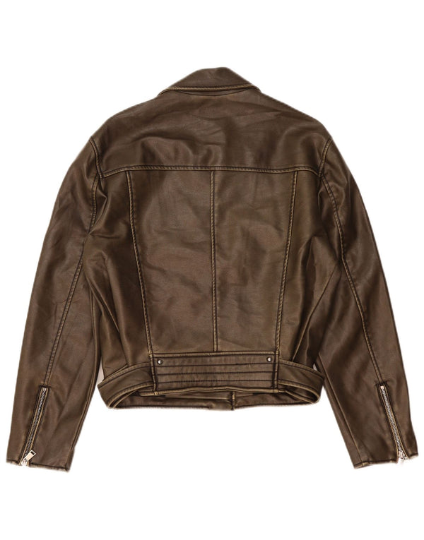 Zara Veste de motard en similicuir pour femme UK 14 en polyéthylène marron moyen