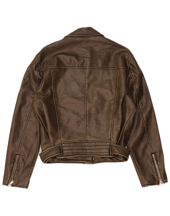 Zara Veste de motard en similicuir pour femme UK 14 en polyéthylène marron moyen
