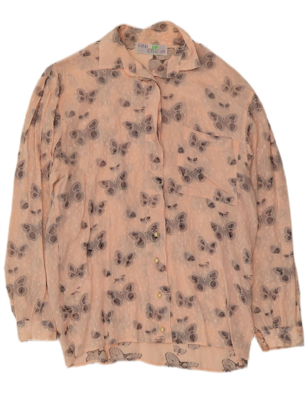 VINTAGE Femme Chemise Graphique Blouse UK 16 Grand Papillon de Soie Rose