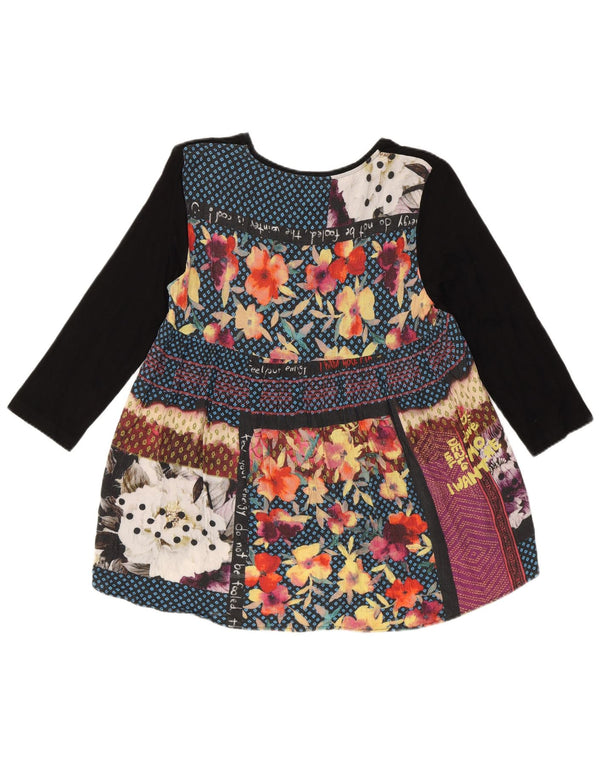Desigual Femme Haut à Motif Abstrait Manches 3/4 UK 10 Petit Viscose Noir